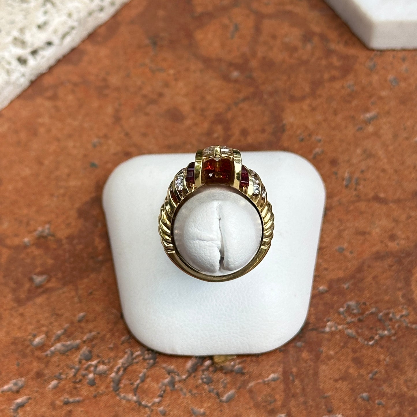 Estate 18KT Yellow Gold Pear Shape Diamond + Princess Cut Rubies Ring