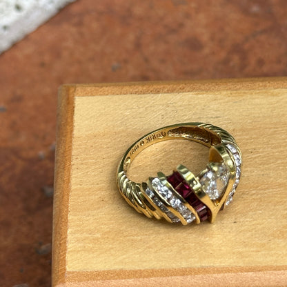 Estate 18KT Yellow Gold Pear Shape Diamond + Princess Cut Rubies Ring