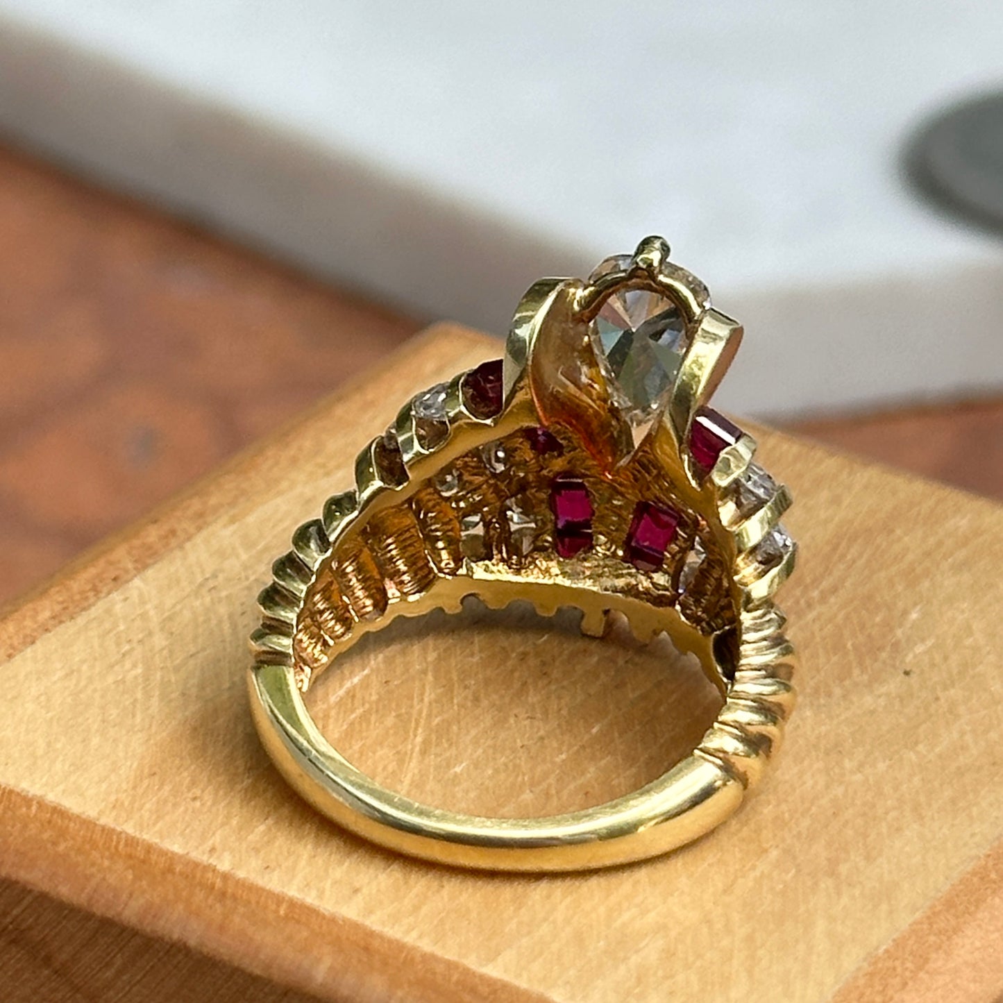 Estate 18KT Yellow Gold Pear Shape Diamond + Princess Cut Rubies Ring
