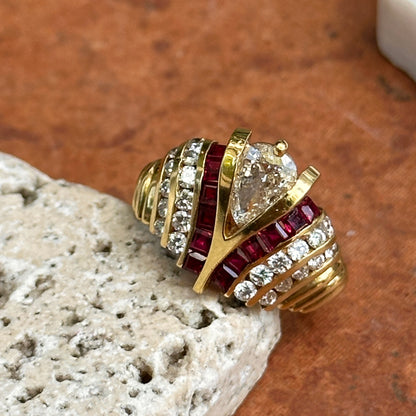Estate 18KT Yellow Gold Pear Shape Diamond + Princess Cut Rubies Ring