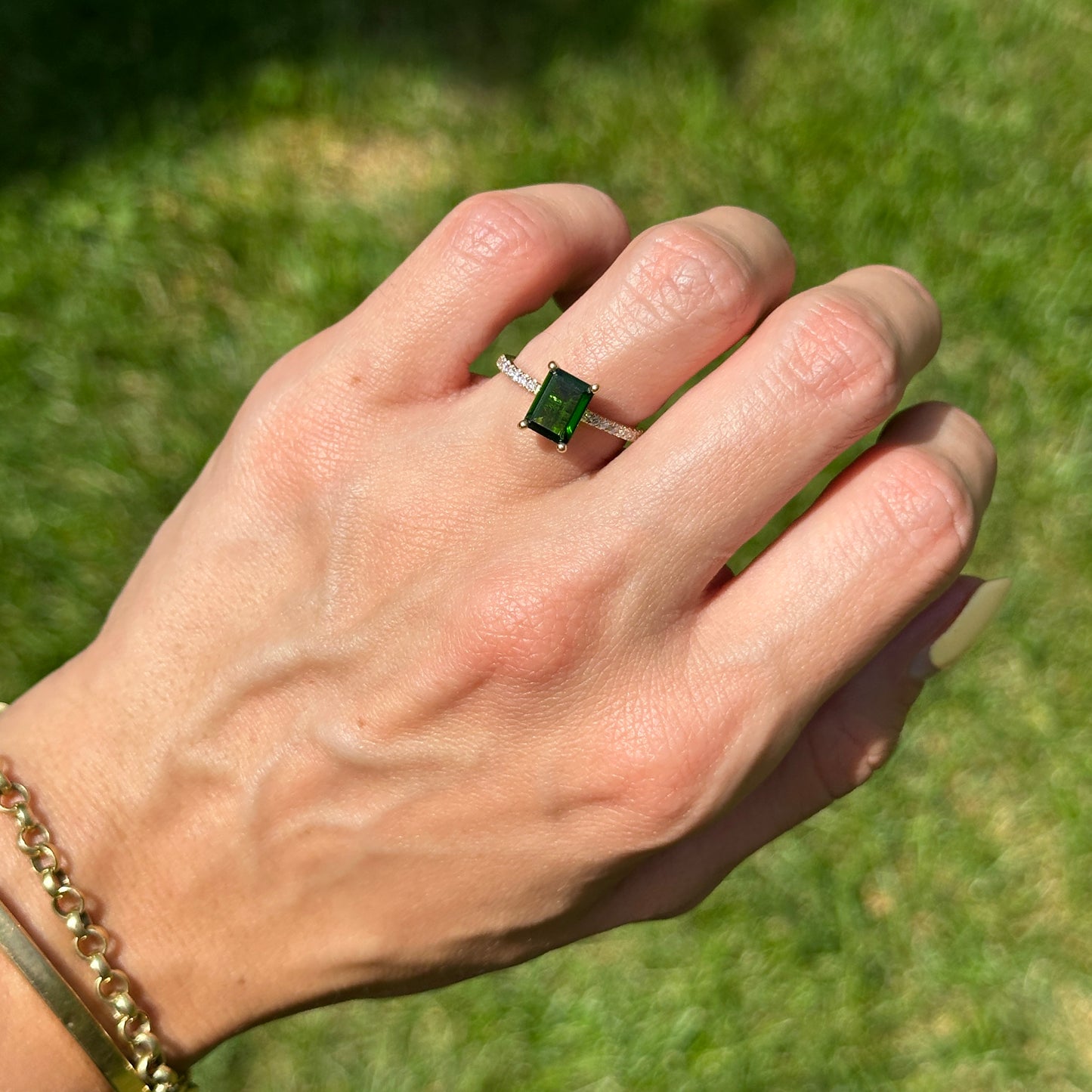 Estate 14KT Yellow Gold Emerad-Cut Tsavorite + Diamond Ring