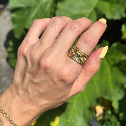 Estate 18KT Yellow Gold Blue Sapphire + Diamond Byzantine Ring