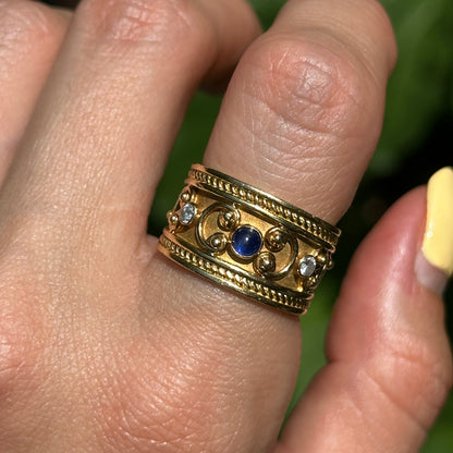 Estate 18KT Yellow Gold Blue Sapphire + Diamond Byzantine Ring