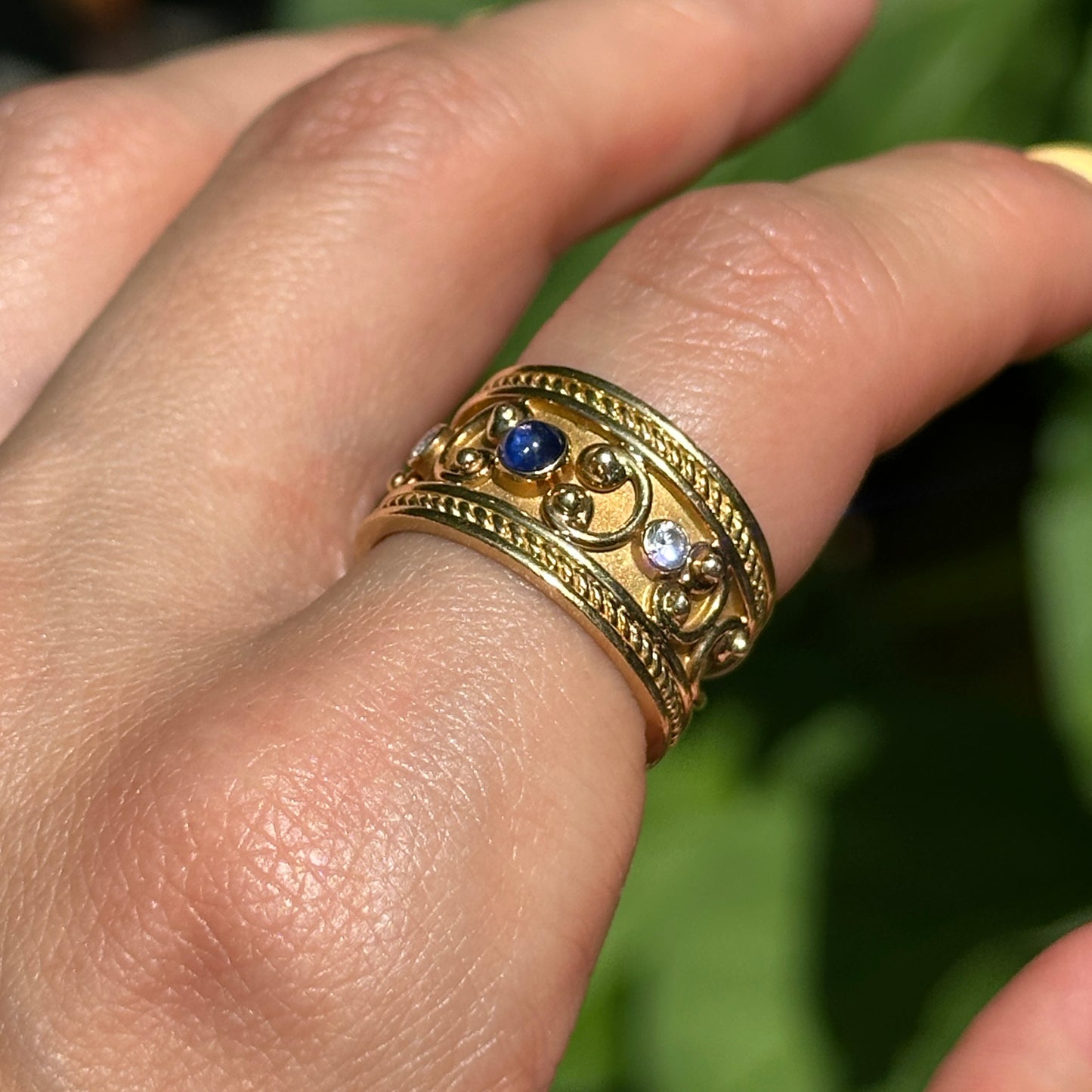 Estate 18KT Yellow Gold Blue Sapphire + Diamond Byzantine Ring