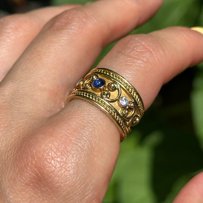 Estate 18KT Yellow Gold Blue Sapphire + Diamond Byzantine Ring
