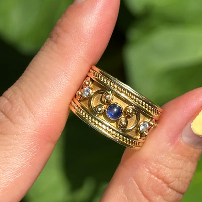 Estate 18KT Yellow Gold Blue Sapphire + Diamond Byzantine Ring