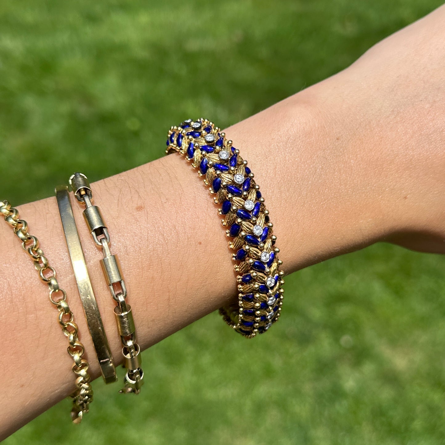 Estate Mid Century 18KT Yellow Gold Lapis Blue Enamel Round Diamond Bracelet