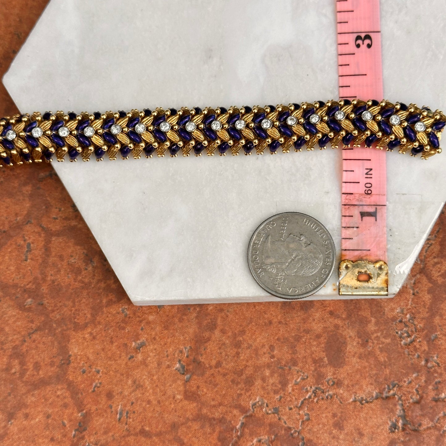 Estate Mid Century 18KT Yellow Gold Lapis Blue Enamel Round Diamond Bracelet