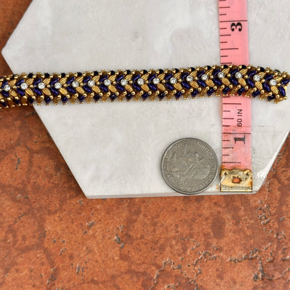 Estate Mid Century 18KT Yellow Gold Lapis Blue Enamel Round Diamond Bracelet