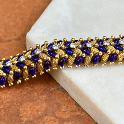 Estate Mid Century 18KT Yellow Gold Lapis Blue Enamel Round Diamond Bracelet