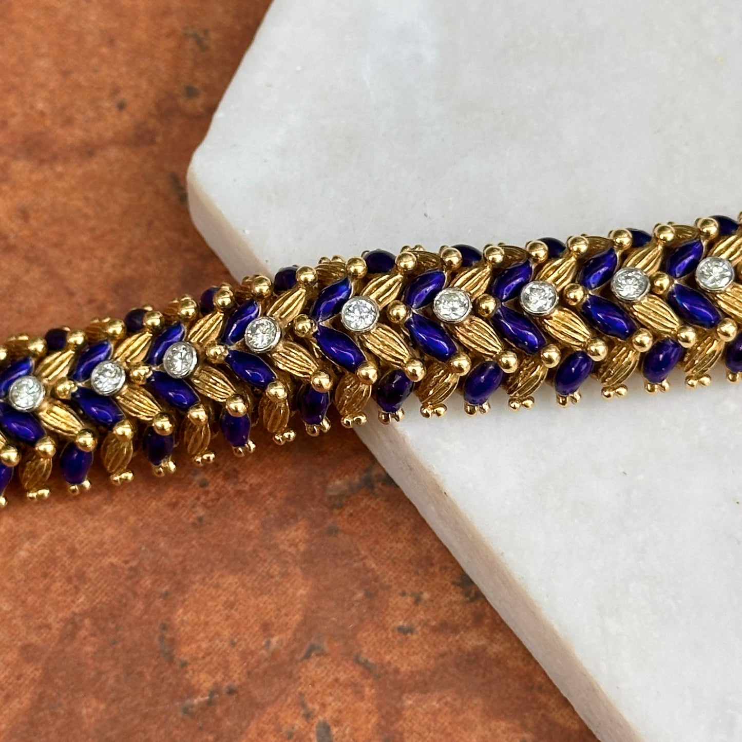 Estate Mid Century 18KT Yellow Gold Lapis Blue Enamel Round Diamond Bracelet