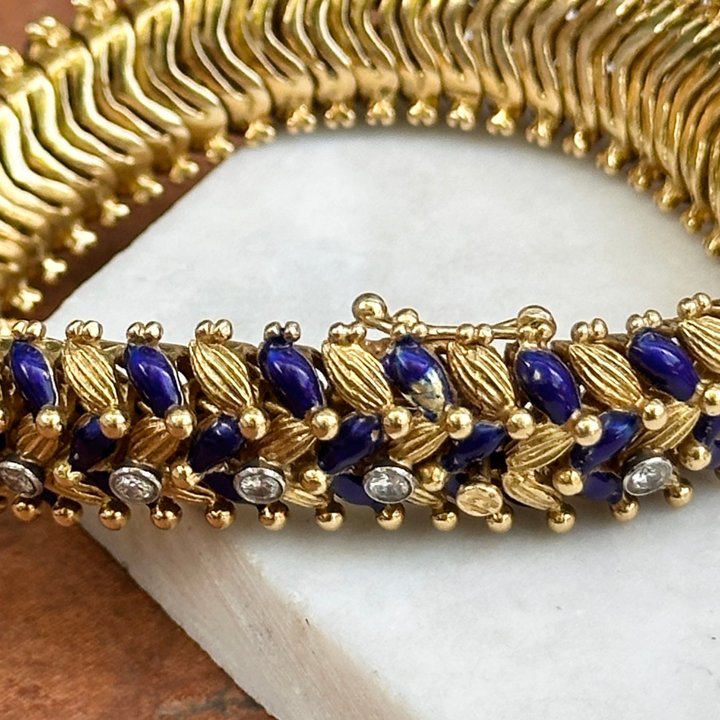 Estate Mid Century 18KT Yellow Gold Lapis Blue Enamel Round Diamond Bracelet