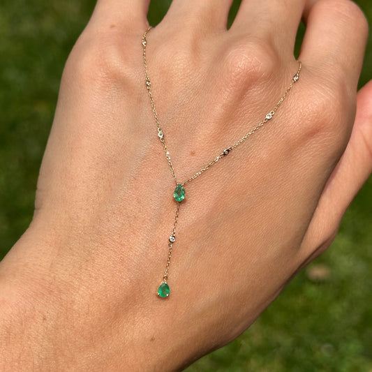 Estate 14KT Yellow Gold Pearl Emerald + Diamond Station Lariat Necklace