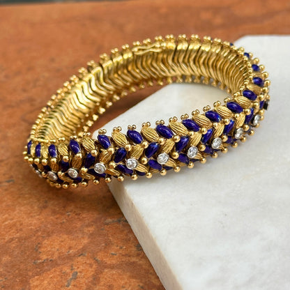 Estate Mid Century 18KT Yellow Gold Lapis Blue Enamel Round Diamond Bracelet