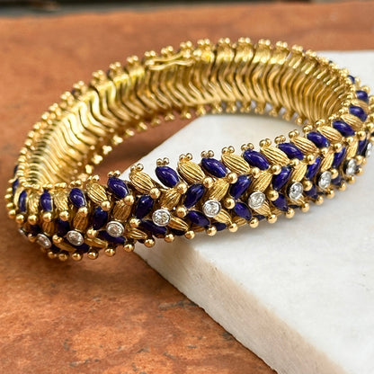Estate Mid Century 18KT Yellow Gold Lapis Blue Enamel Round Diamond Bracelet