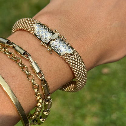Estate 14KT Yellow Gold + White Gold Popcorn Mesh Bracelet
