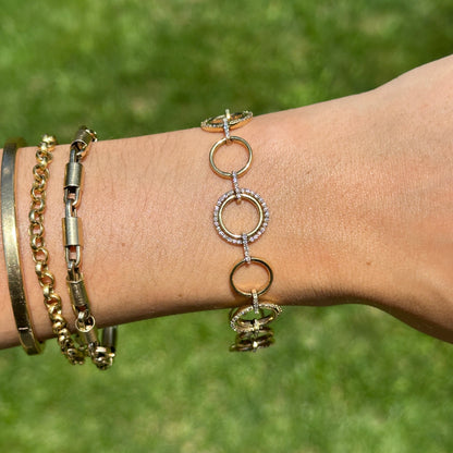 Estate 14KT Yellow Gold Round Open Circle Multi Links + Diamonds Bracelet