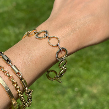 Estate 14KT Yellow Gold Round Open Circle Multi Links + Diamonds Bracelet