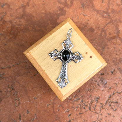 Sterling Silver Antiqued Black Onyx Cross Pendant