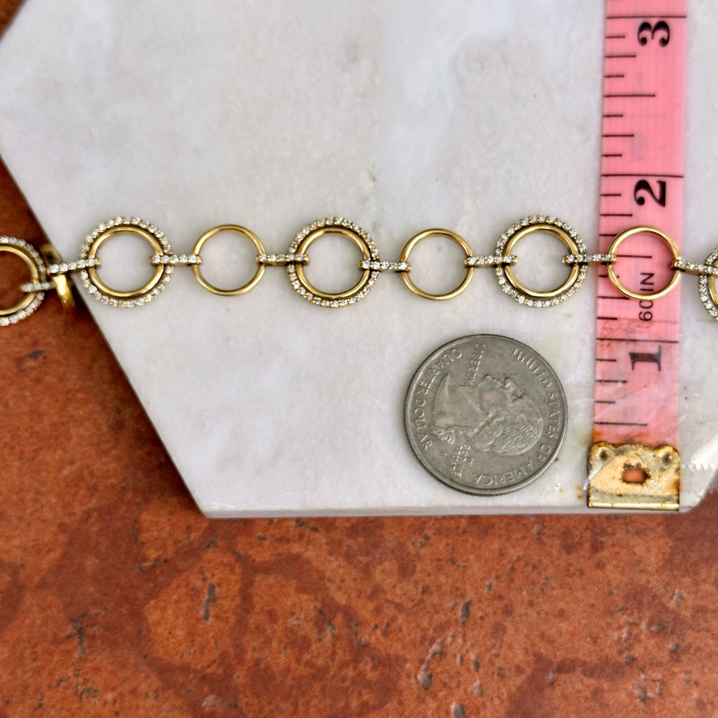 Estate 14KT Yellow Gold Round Open Circle Multi Links + Diamonds Bracelet