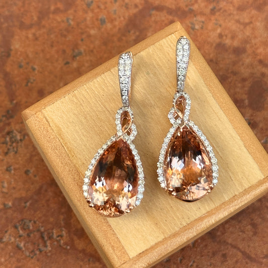 Estate 14KT White Gold Pear Peach Morganite + Diamond Hoop Earrings