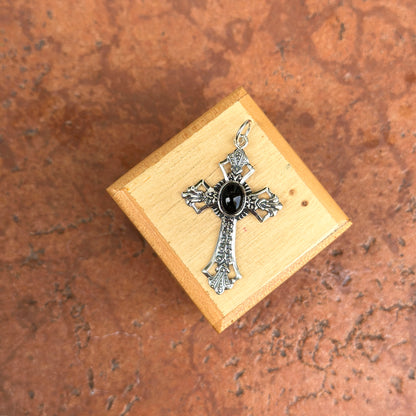 Sterling Silver Antiqued Black Onyx Cross Pendant