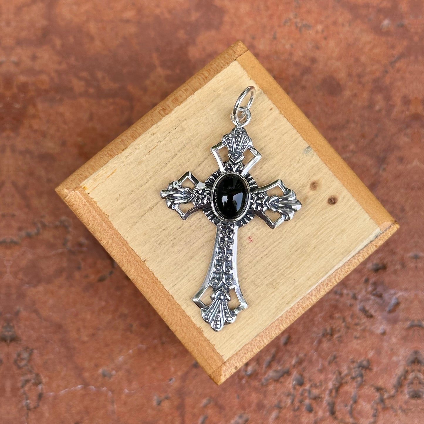 Sterling Silver Antiqued Black Onyx Cross Pendant