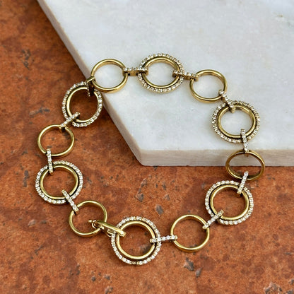 Estate 14KT Yellow Gold Round Open Circle Multi Links + Diamonds Bracelet