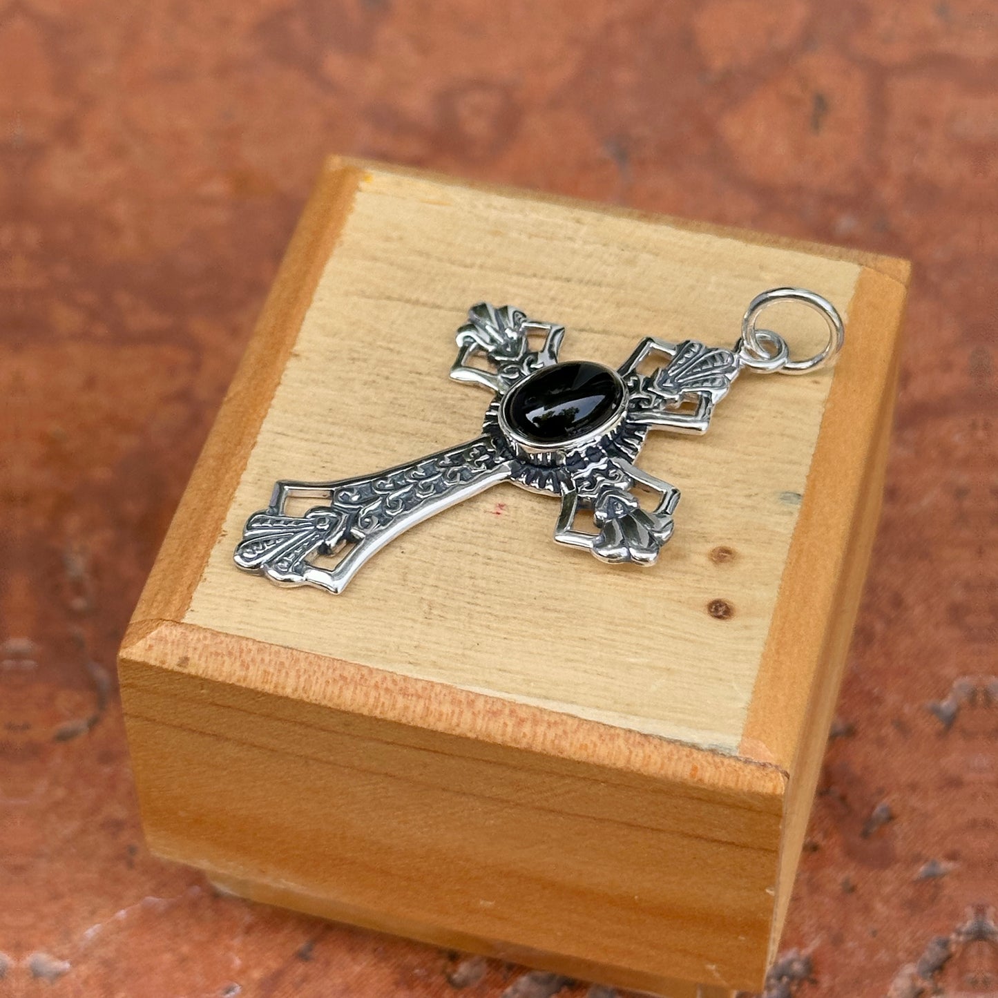 Sterling Silver Antiqued Black Onyx Cross Pendant