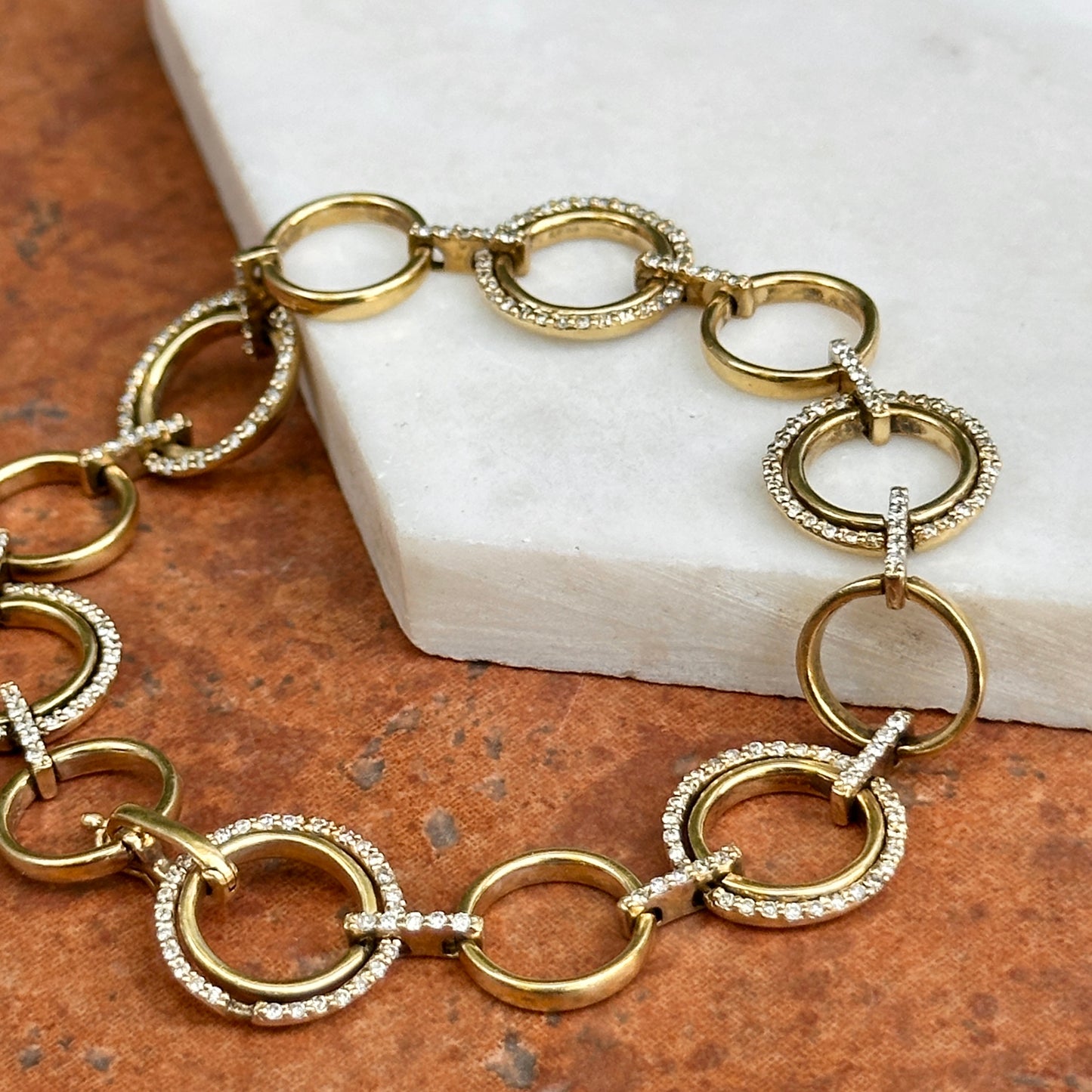 Estate 14KT Yellow Gold Round Open Circle Multi Links + Diamonds Bracelet