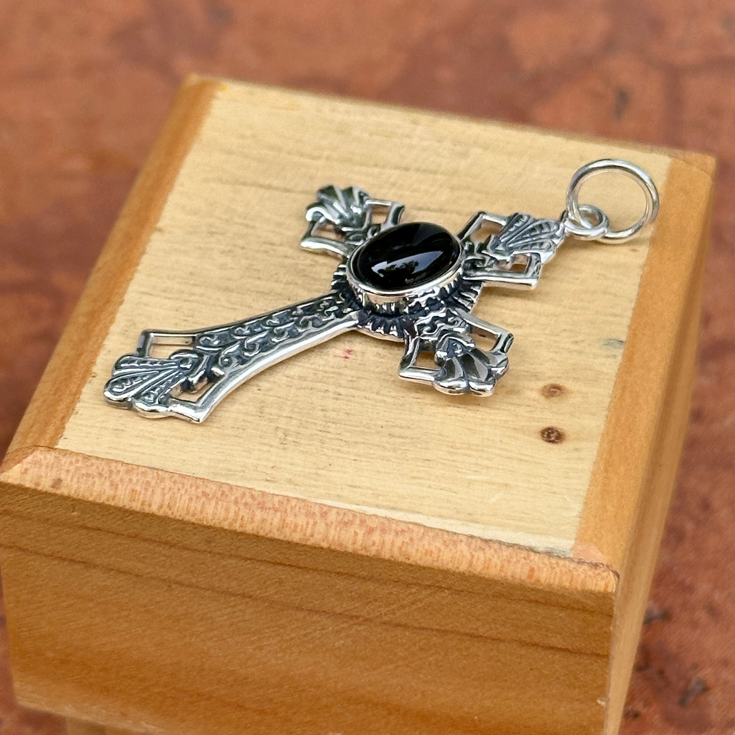 Sterling Silver Antiqued Black Onyx Cross Pendant