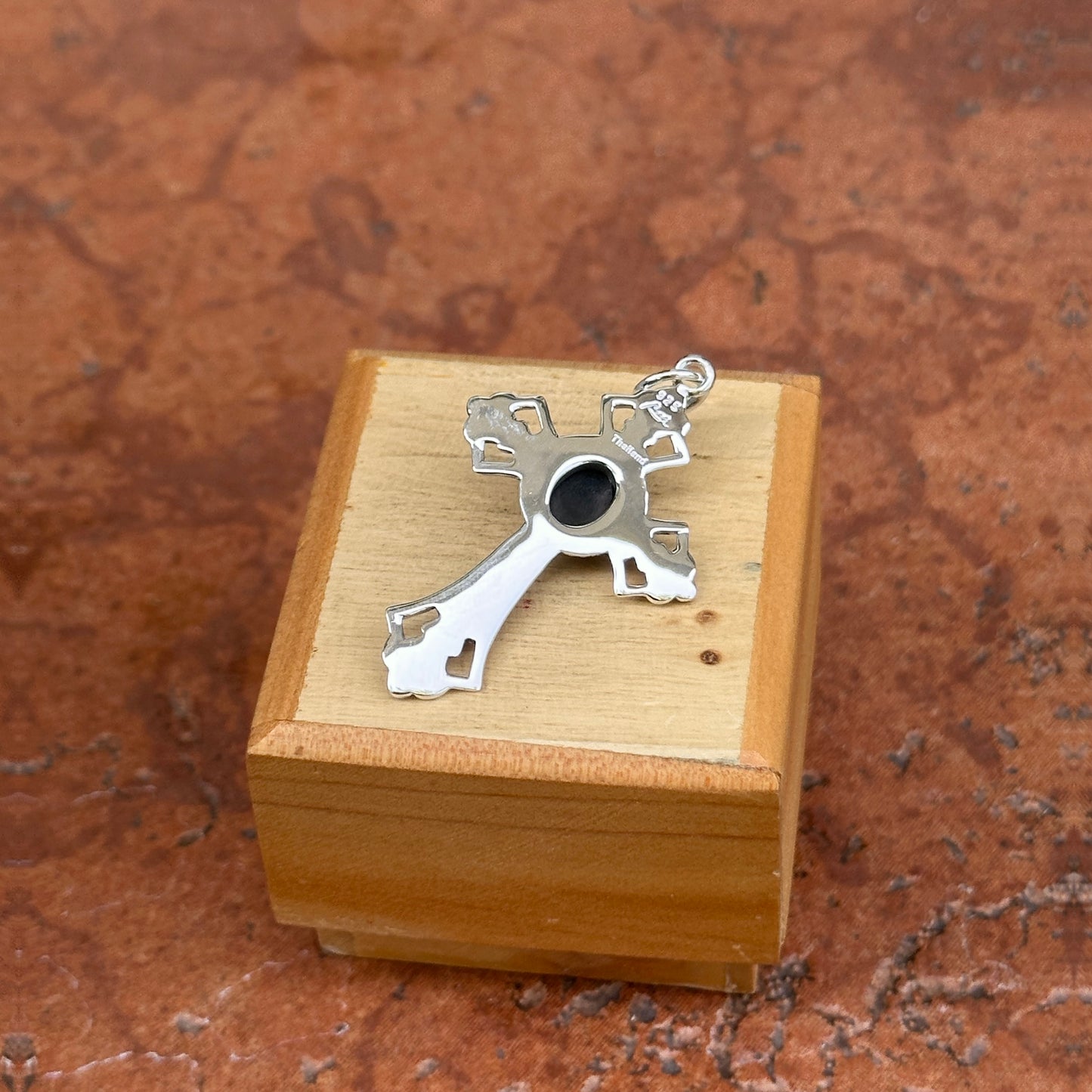 Sterling Silver Antiqued Black Onyx Cross Pendant