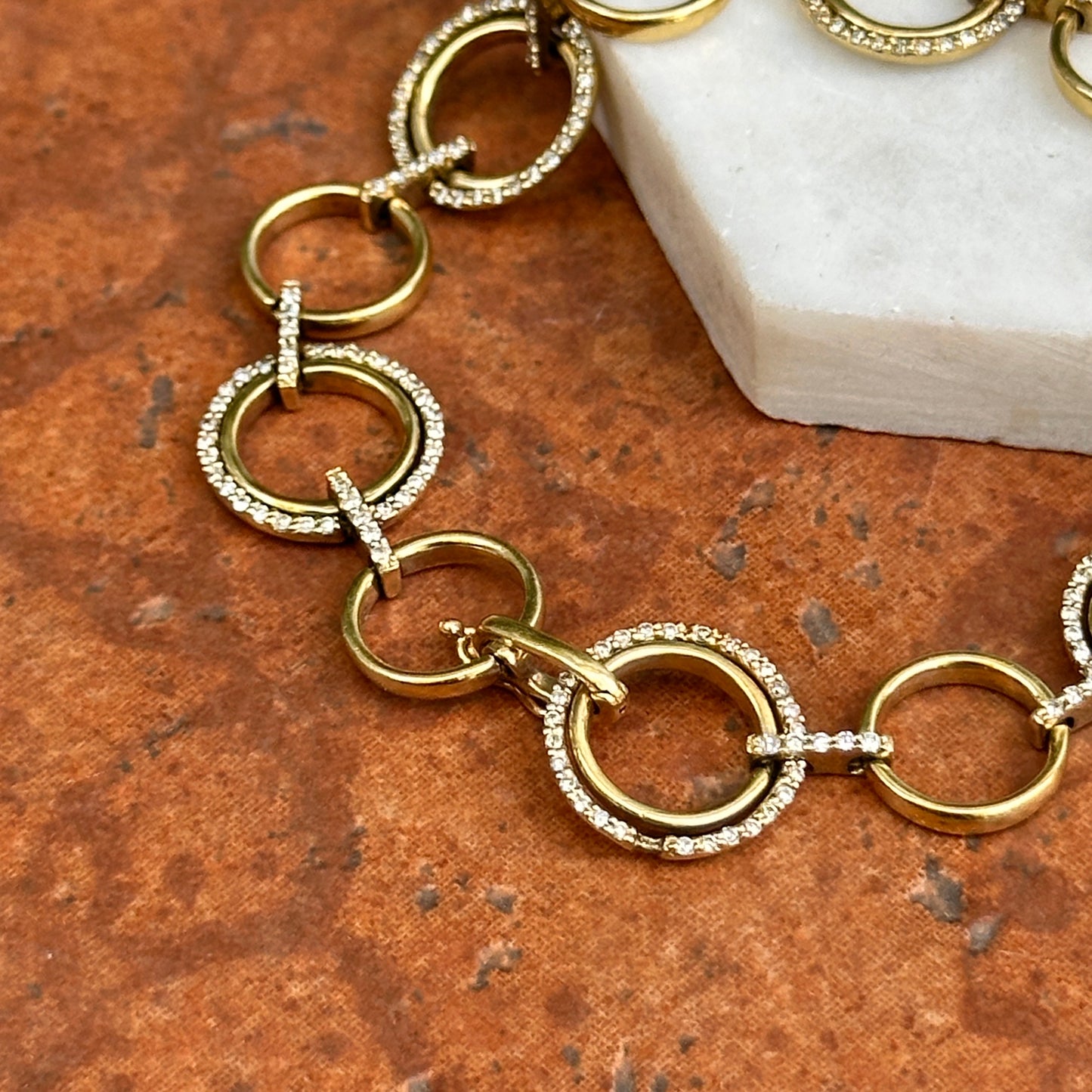 Estate 14KT Yellow Gold Round Open Circle Multi Links + Diamonds Bracelet