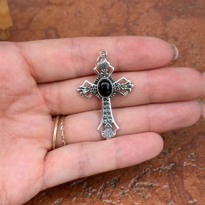 Sterling Silver Antiqued Black Onyx Cross Pendant