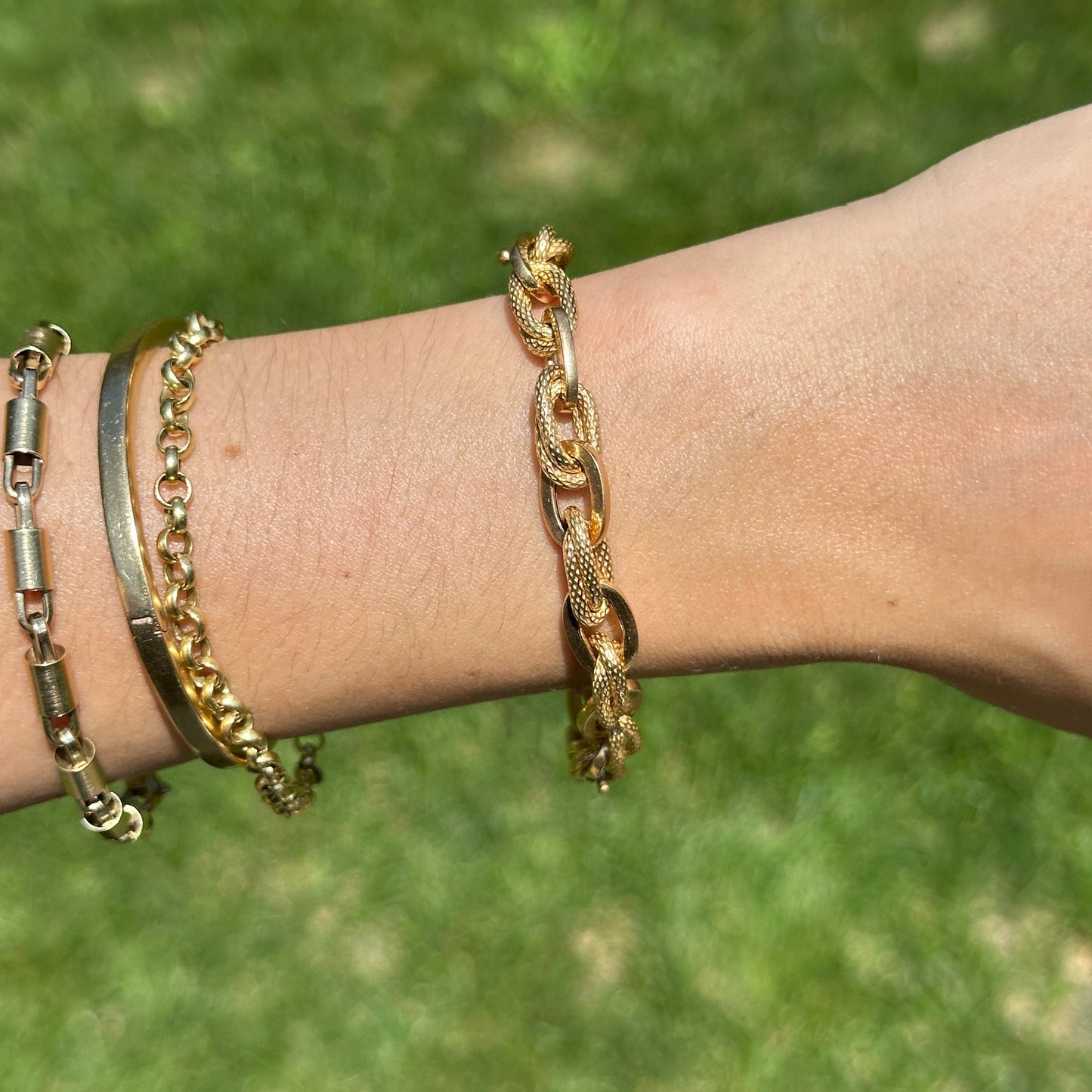 Estate 18KT Yellow Gold Textured + Shiny Multi Ovals Chunky Link Bracelet