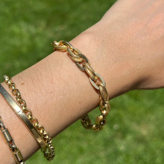 Estate 18KT Yellow Gold Textured + Shiny Multi Ovals Chunky Link Bracelet