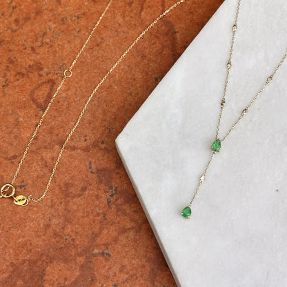 Estate 14KT Yellow Gold Pearl Emerald + Diamond Station Lariat Necklace