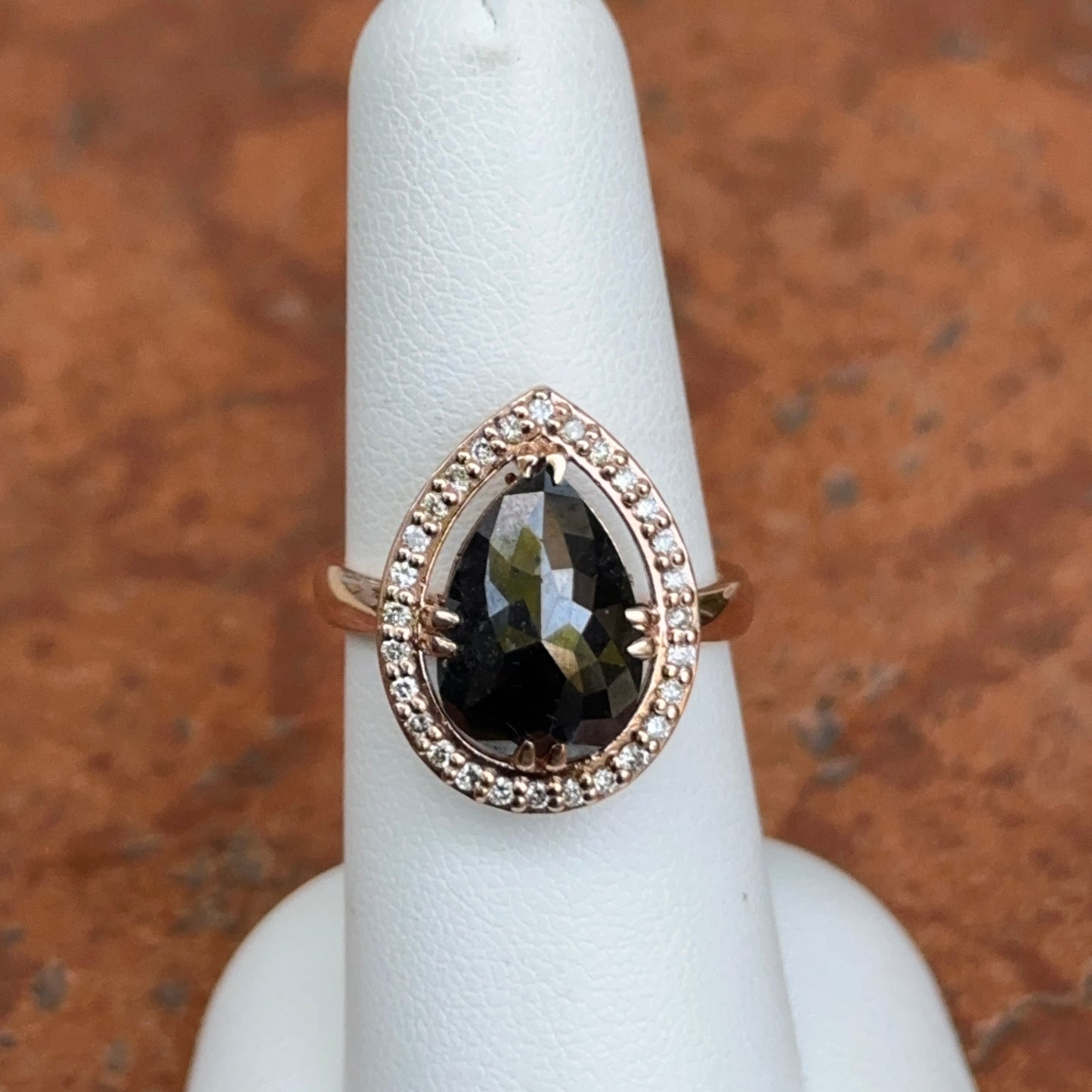 14KT Rose Gold Paul Klecka Pear Black Diamond + Diamond Halo Ring