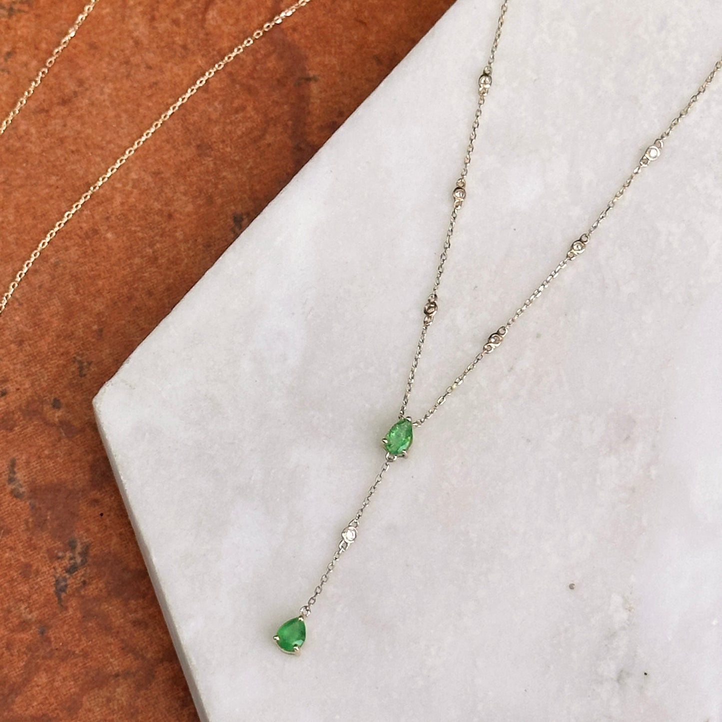 Estate 14KT Yellow Gold Pearl Emerald + Diamond Station Lariat Necklace