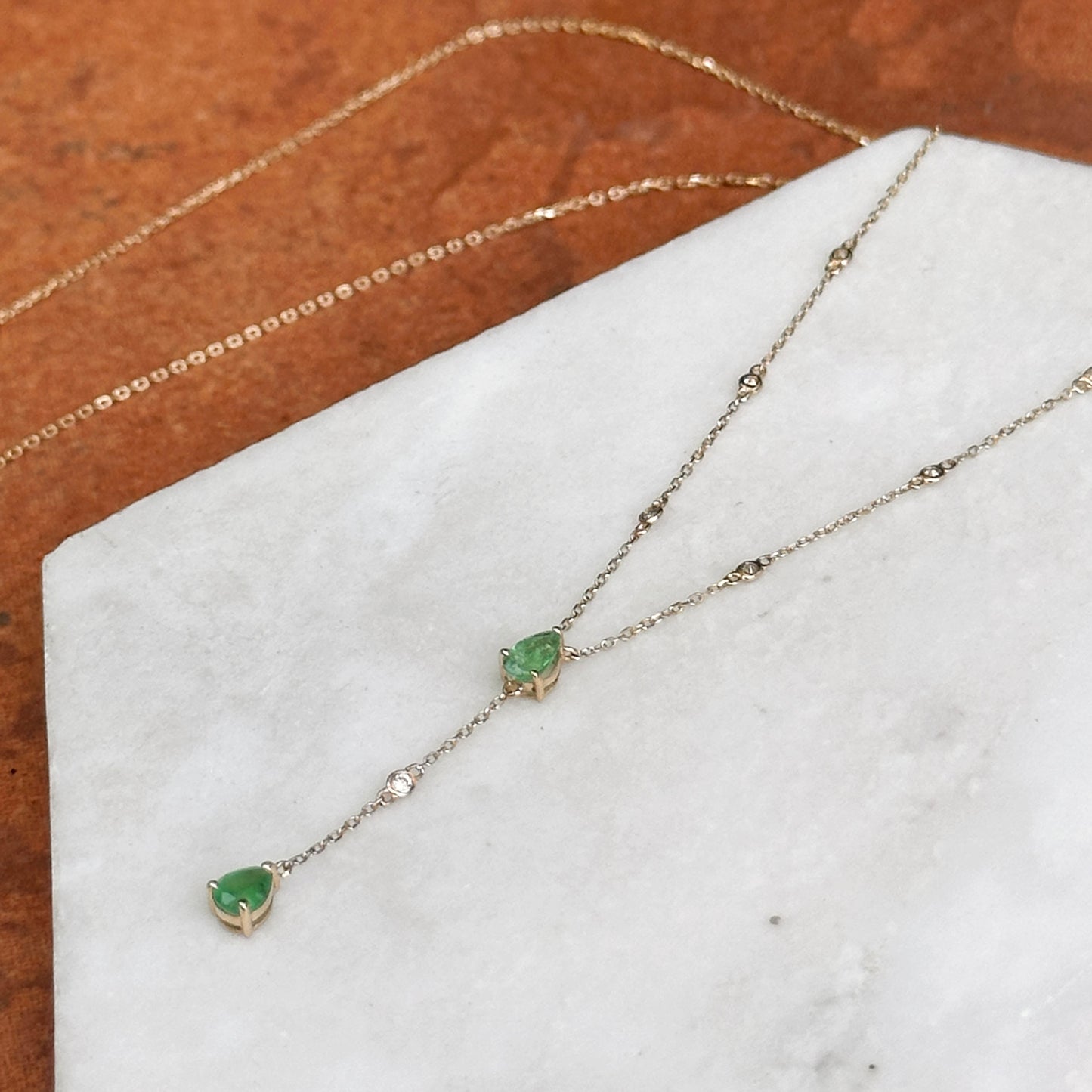 Estate 14KT Yellow Gold Pearl Emerald + Diamond Station Lariat Necklace