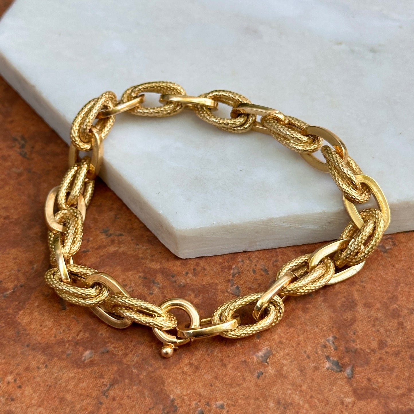 Estate 18KT Yellow Gold Textured + Shiny Multi Ovals Chunky Link Bracelet