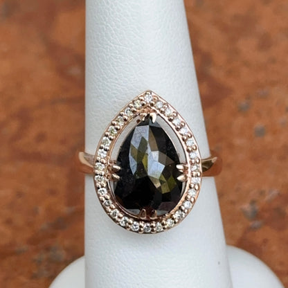 14KT Rose Gold Paul Klecka Pear Black Diamond + Diamond Halo Ring