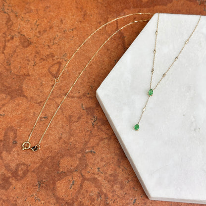 Estate 14KT Yellow Gold Pearl Emerald + Diamond Station Lariat Necklace