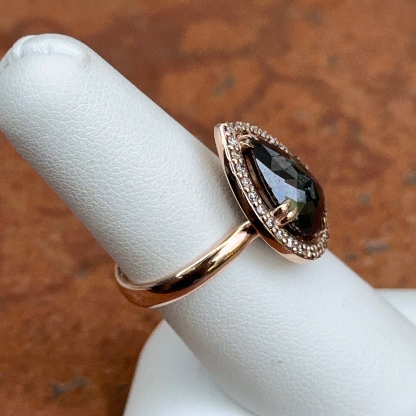 14KT Rose Gold Paul Klecka Pear Black Diamond + Diamond Halo Ring