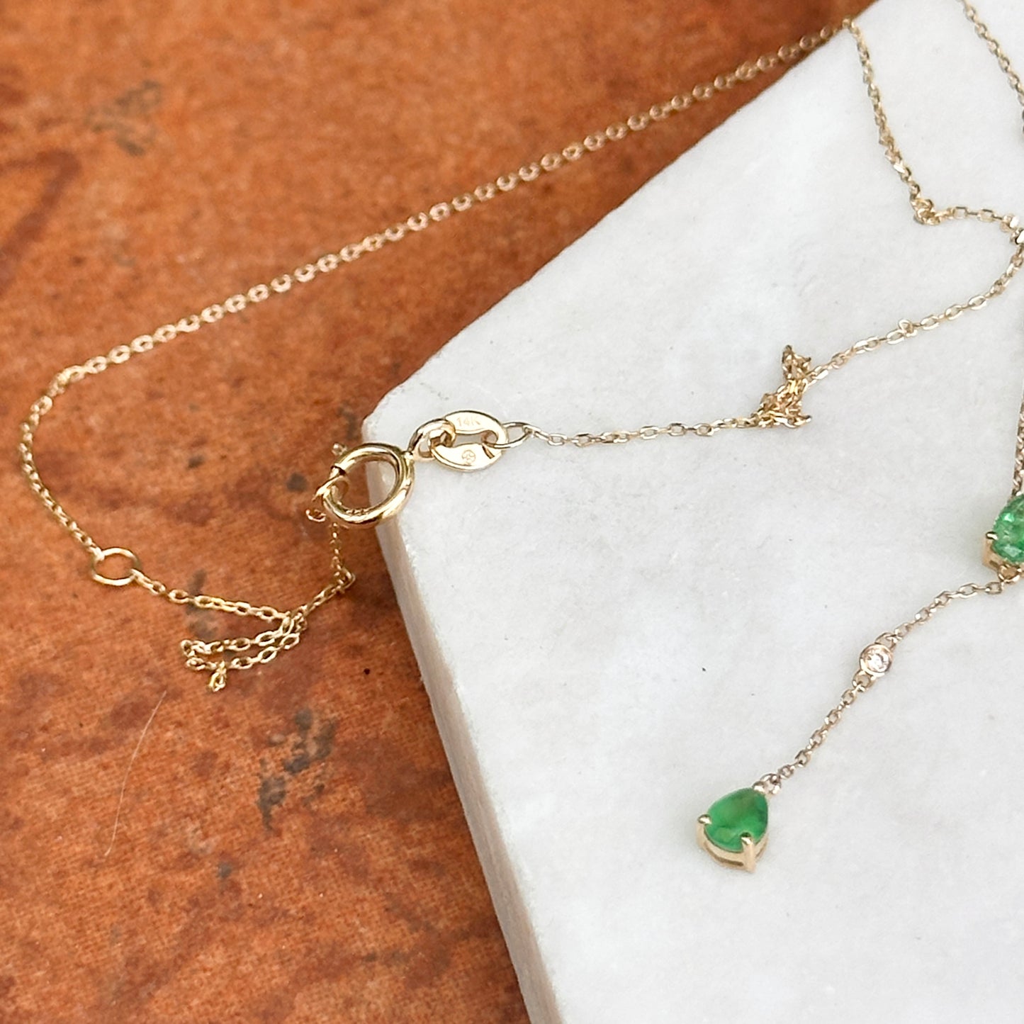 Estate 14KT Yellow Gold Pearl Emerald + Diamond Station Lariat Necklace