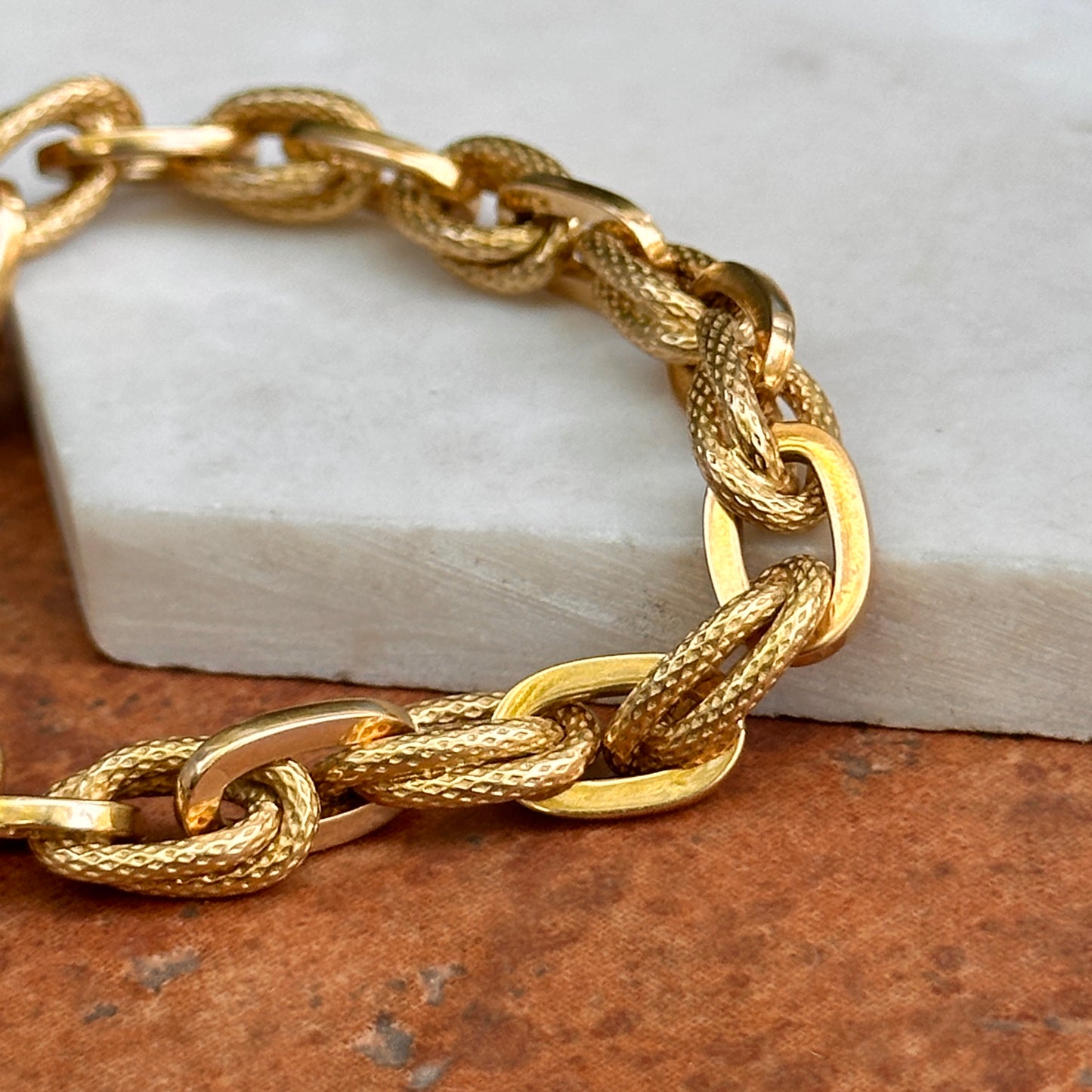 Estate 18KT Yellow Gold Textured + Shiny Multi Ovals Chunky Link Bracelet