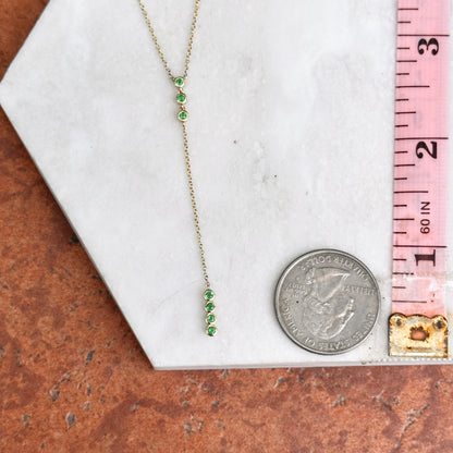 Estate 14KT Yellow Gold Bezel Emerald Lariat Necklace