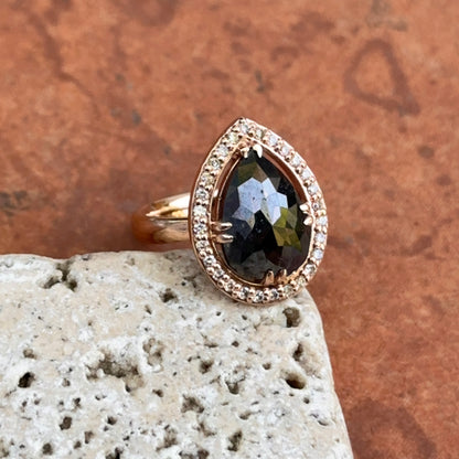 14KT Rose Gold Paul Klecka Pear Black Diamond + Diamond Halo Ring