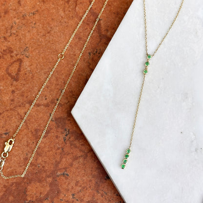 Estate 14KT Yellow Gold Bezel Emerald Lariat Necklace