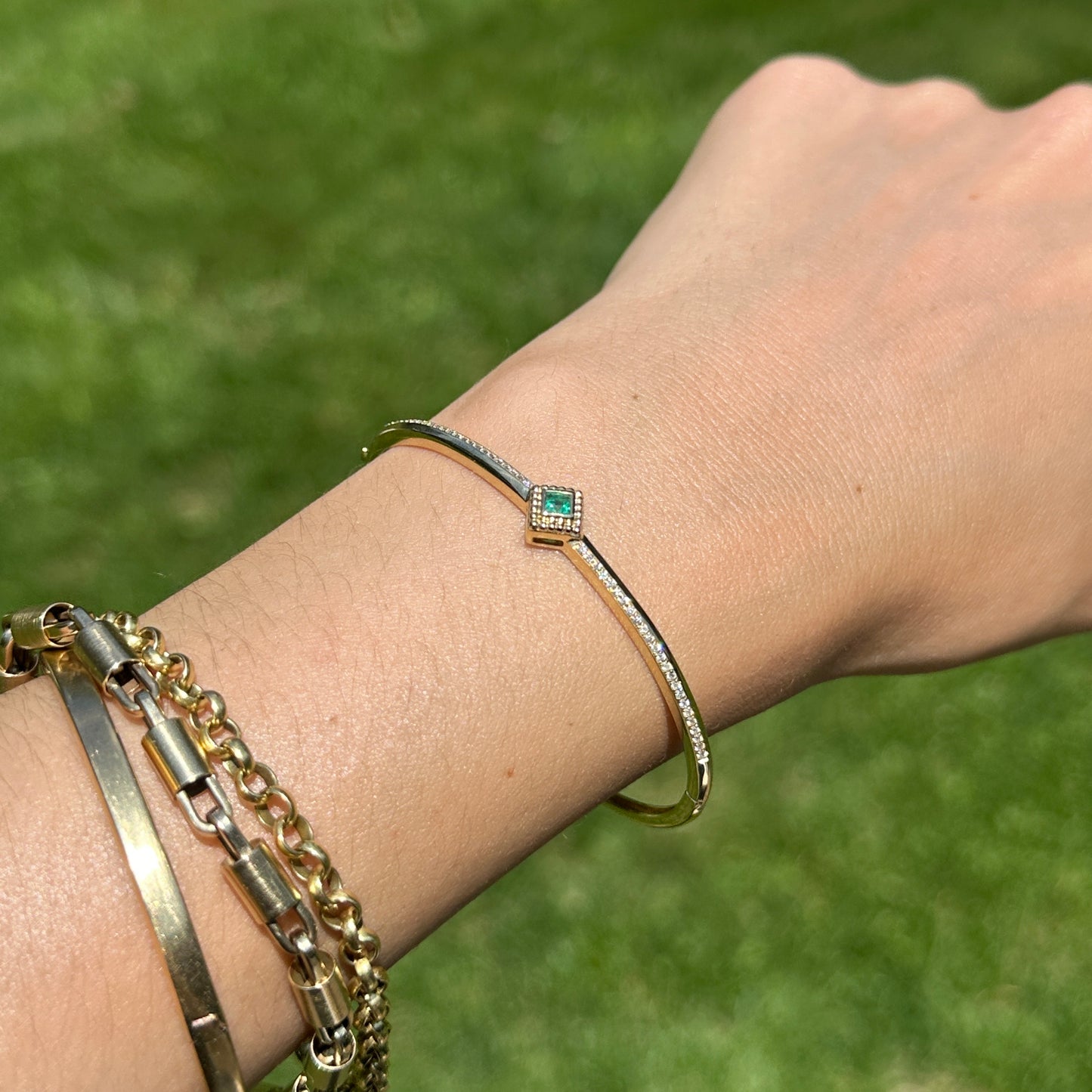 Vintage 14KT Yellow Gold Square Invisible Set Emerald + Diamond Bangle Bracelet